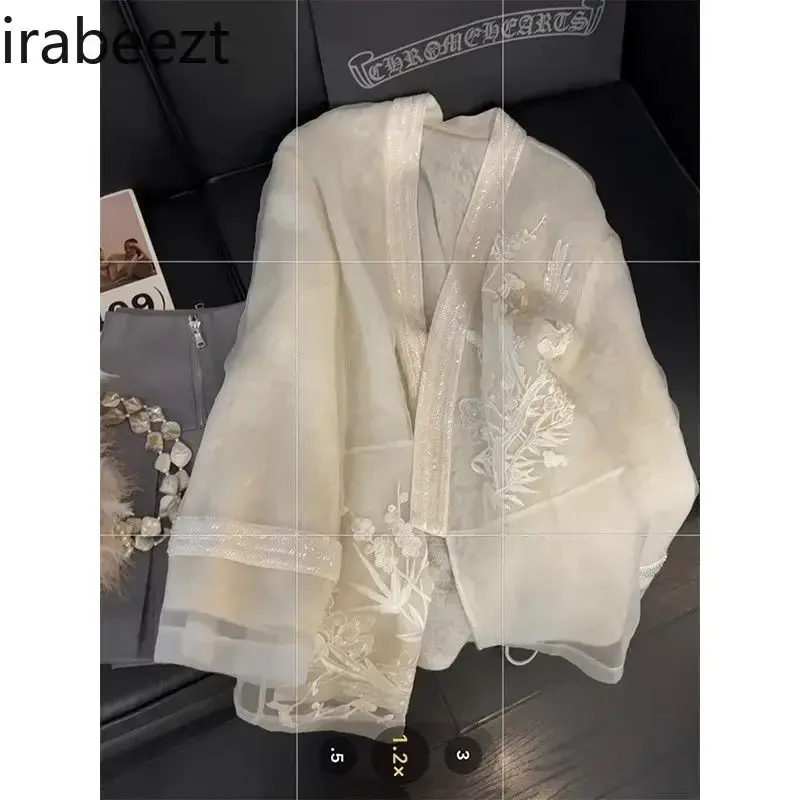 New Chinese Style Embroidered Shirt Women's Mesh Fairy Gentle 2024 New Vintage Zen Cool Top Retro Regular Fit Blouse for Girls