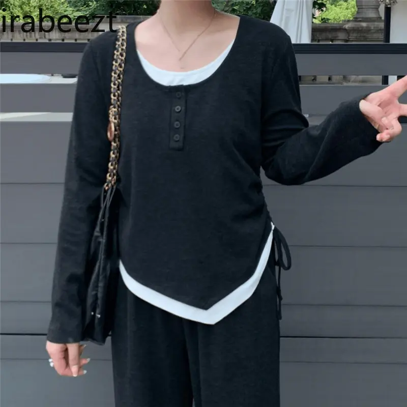 Large Size Giant Slimming Sweater for Women 2024 New Autumn Fake Two-piece Top Straight Pants Knitted Two-piece Set