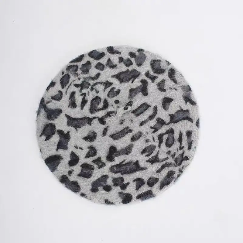 Vintage Beret Leopard Print Painter Cap Super 100 Rabbit Fur Fashion Popular Bud Hat Female Autumn Winter Beret