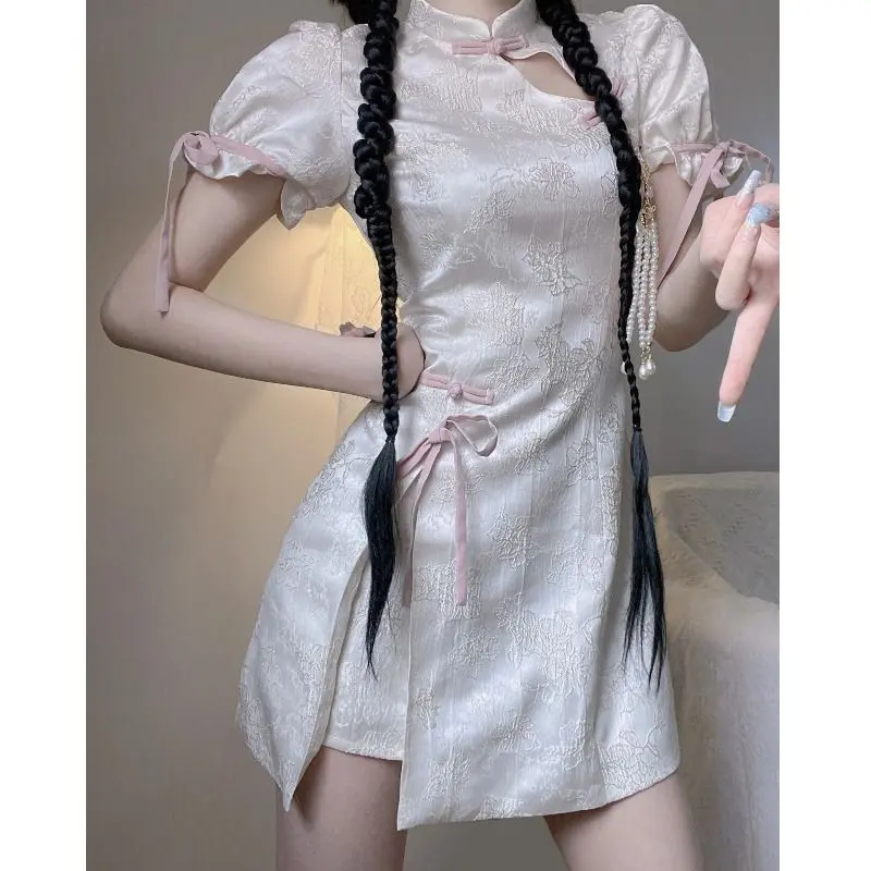 New Chinese Floral Bodycon Dress Women Summer Sweet & Sexy Mini Qipao Style Short Robe Petite Retro Sexy Cheongsam