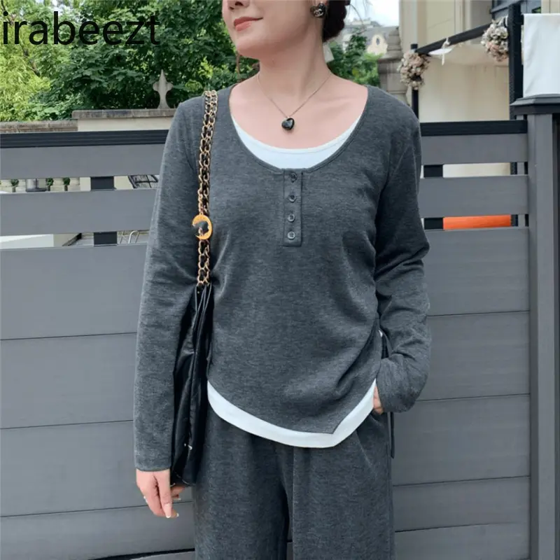 Large Size Giant Slimming Sweater for Women 2024 New Autumn Fake Two-piece Top Straight Pants Knitted Two-piece Set