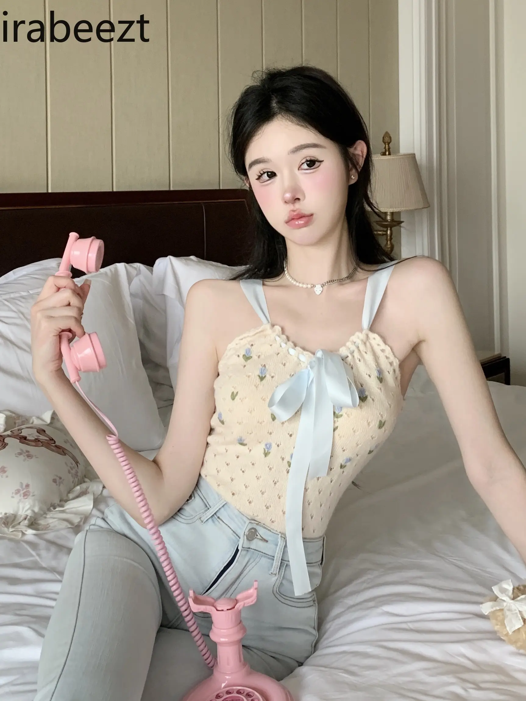 Lace-up Bowknot Hollow Floral Sleeveless Knitted Camisole for Women in Summer Sweet Hot Girl Slim Short Crop Tops