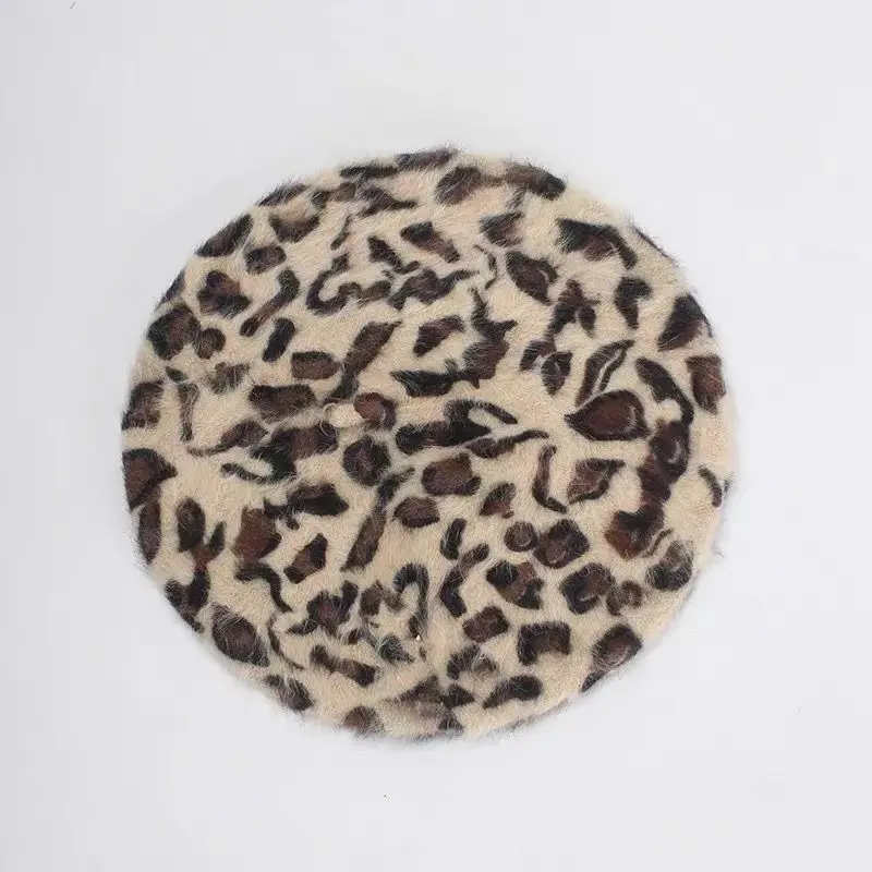 Vintage Beret Leopard Print Painter Cap Super 100 Rabbit Fur Fashion Popular Bud Hat Female Autumn Winter Beret