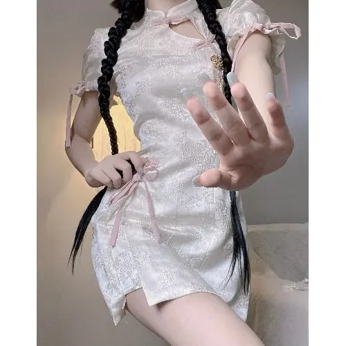 New Chinese Floral Bodycon Dress Women Summer Sweet & Sexy Mini Qipao Style Short Robe Petite Retro Sexy Cheongsam
