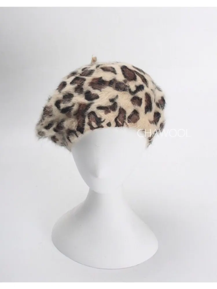 Vintage Beret Leopard Print Painter Cap Super 100 Rabbit Fur Fashion Popular Bud Hat Female Autumn Winter Beret