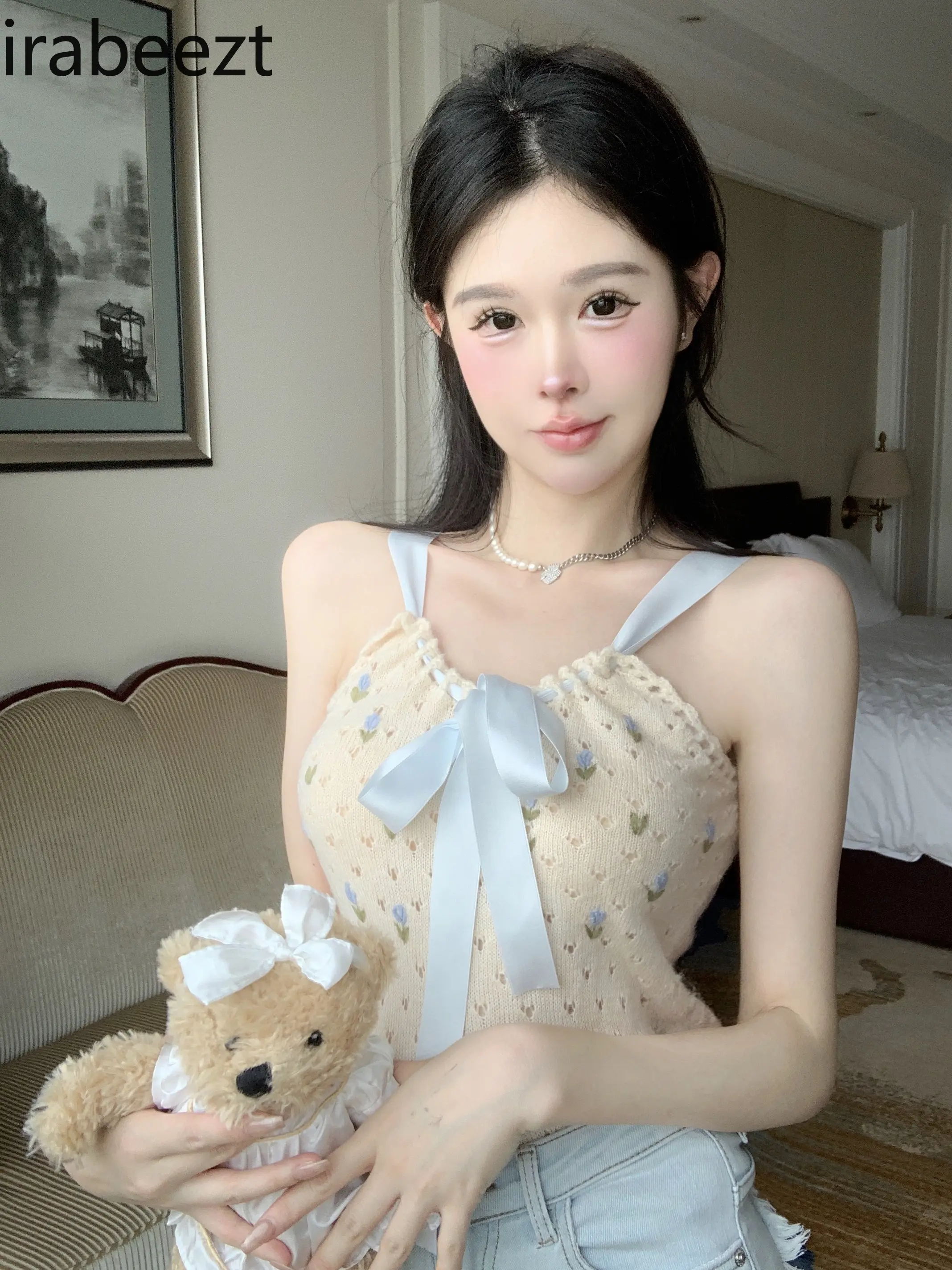 Lace-up Bowknot Hollow Floral Sleeveless Knitted Camisole for Women in Summer Sweet Hot Girl Slim Short Crop Tops