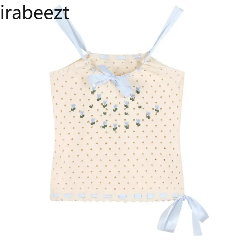 Lace-up Bowknot Hollow Floral Sleeveless Knitted Camisole for Women in Summer Sweet Hot Girl Slim Short Crop Tops