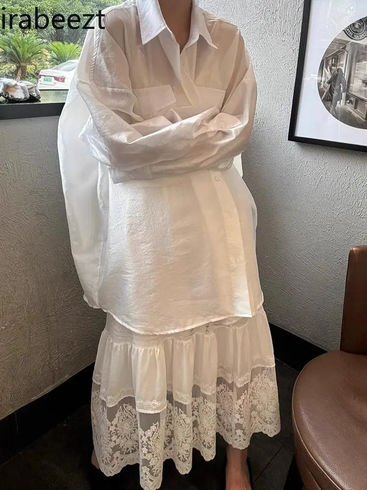 Moda Blanca Oversized Shirt Dress Combo - Sheer Lace Crochet Skirt Women's Set Spring Autumn Casual Fashion Looks