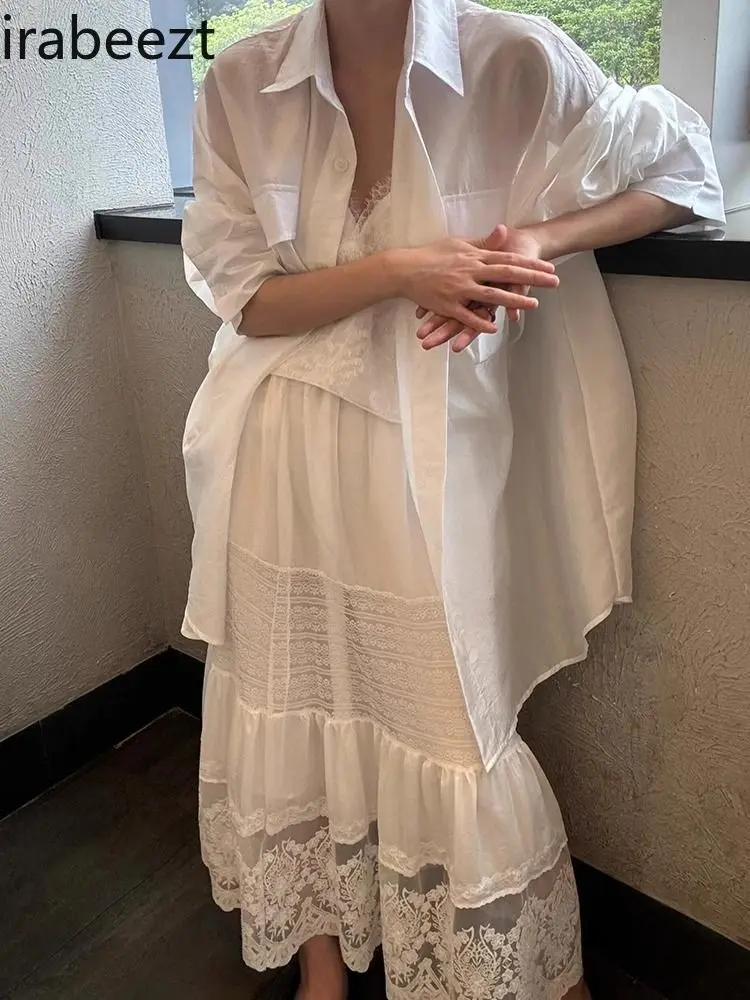 Moda Blanca Oversized Shirt Dress Combo - Sheer Lace Crochet Skirt Women's Set Spring Autumn Casual Fashion Looks