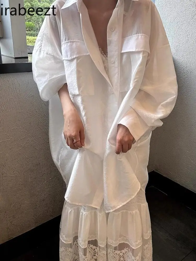 Moda Blanca Oversized Shirt Dress Combo - Sheer Lace Crochet Skirt Women's Set Spring Autumn Casual Fashion Looks