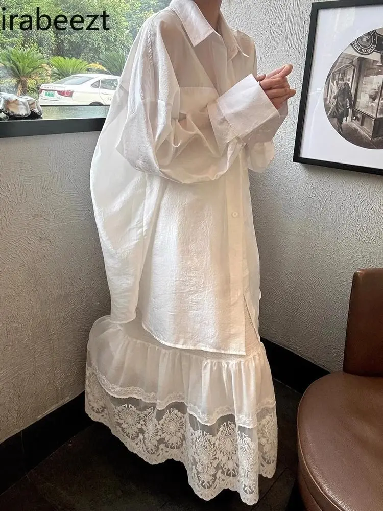 Moda Blanca Oversized Shirt Dress Combo - Sheer Lace Crochet Skirt Women's Set Spring Autumn Casual Fashion Looks