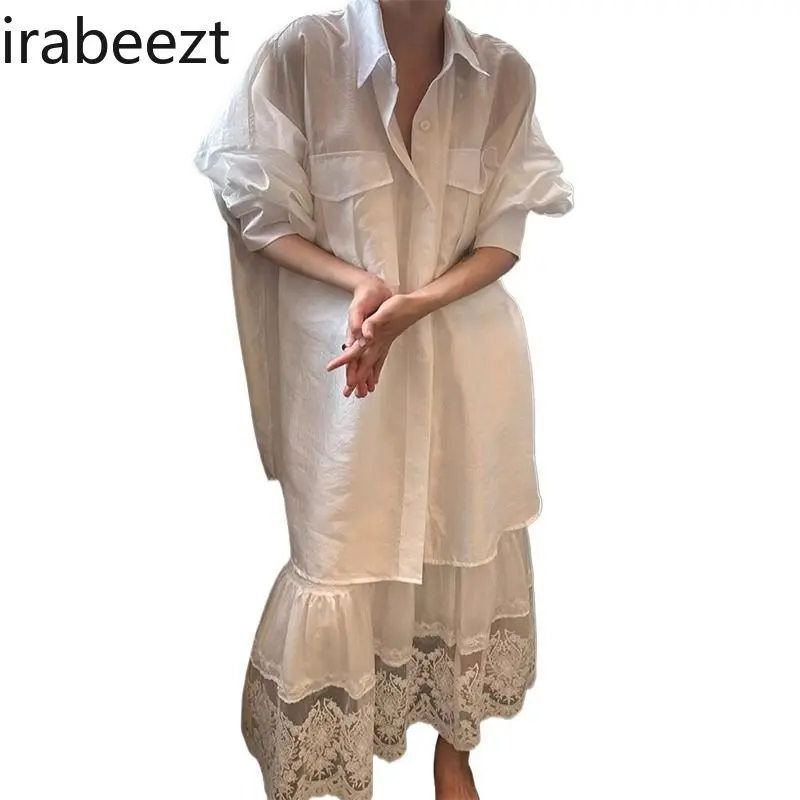 Moda Blanca Oversized Shirt Dress Combo - Sheer Lace Crochet Skirt Women's Set Spring Autumn Casual Fashion Looks