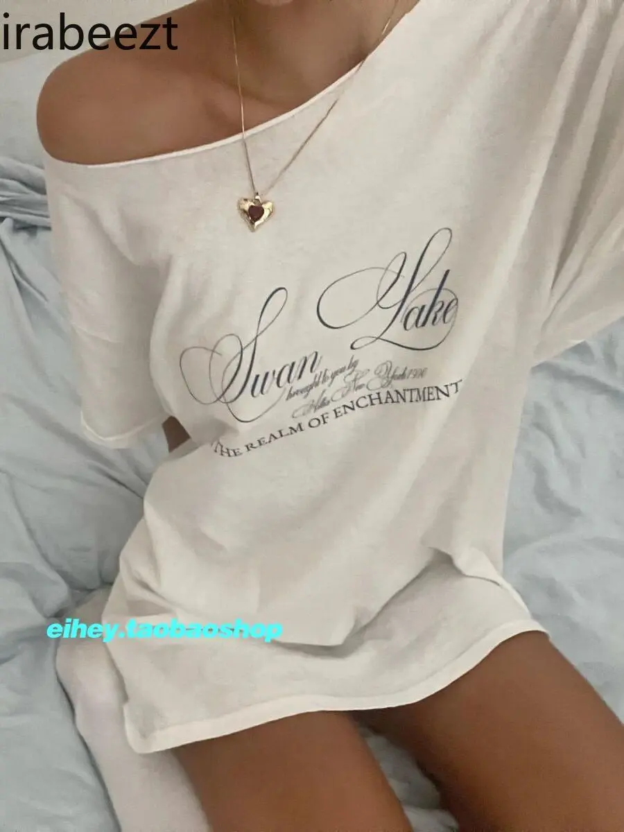 Simple Summer Lazy Letters Print Loose Casual Printed Short Sleeve Multi-wear T-shirt Top Женская Одежда Plus Size Tops
