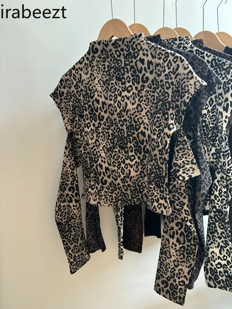 American Leopard Print Long Sleeve T-shirt Female Autumn/winter Y2k Hot Girls Sexy Short Sleeve Top Half High Neck Base Shirt