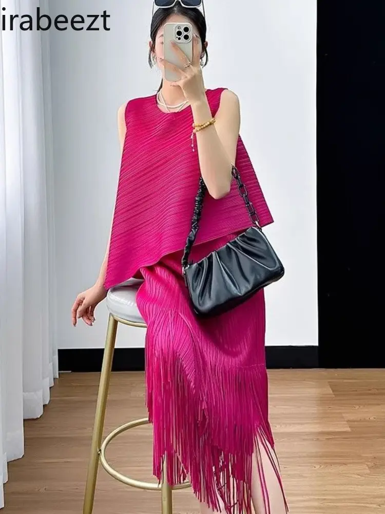 Summer Fashion Suit for Women Western Style Sweet Pullover Slanted Vest Top Tassel Skirt Terninhos Femininos Modernos