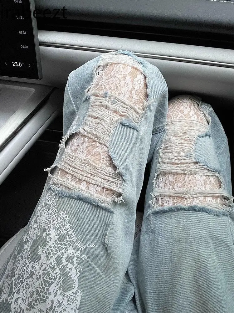 Ripped Lace Wide-leg Jeans for Women 2025 Spring and Summer New Style Fashionable and Stylish Design Loose Floor-length Pants