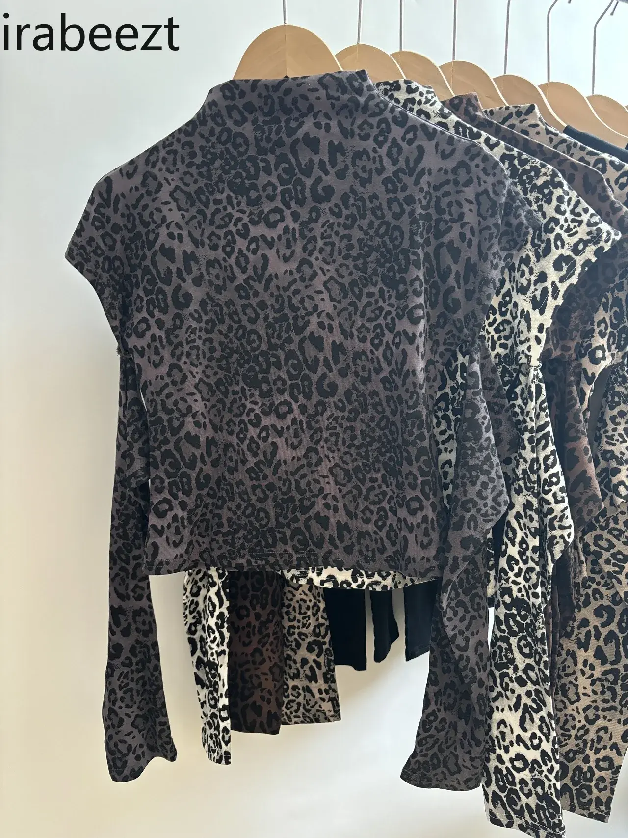 American Leopard Print Long Sleeve T-shirt Female Autumn/winter Y2k Hot Girls Sexy Short Sleeve Top Half High Neck Base Shirt