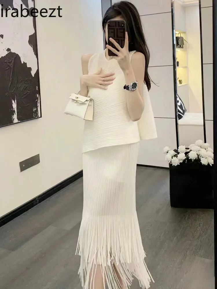 Summer Fashion Suit for Women Western Style Sweet Pullover Slanted Vest Top Tassel Skirt Terninhos Femininos Modernos