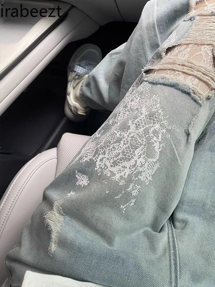 Ripped Lace Wide-leg Jeans for Women 2025 Spring and Summer New Style Fashionable and Stylish Design Loose Floor-length Pants