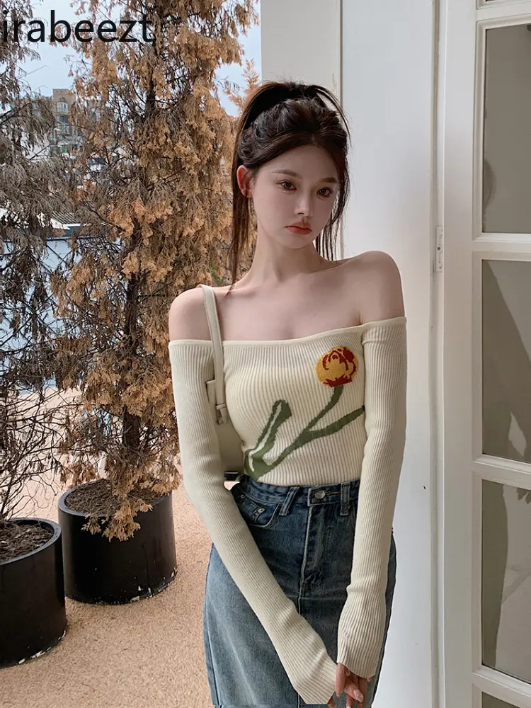 French Vintage Spice Girl One Shoulder Pure Knitwear Women's New Summer Base Slim-fit Short Top Vintage Clothes Women T Shirts