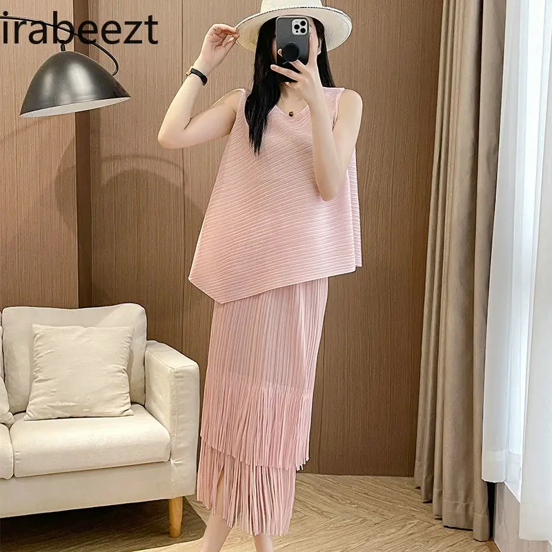 Summer Fashion Suit for Women Western Style Sweet Pullover Slanted Vest Top Tassel Skirt Terninhos Femininos Modernos