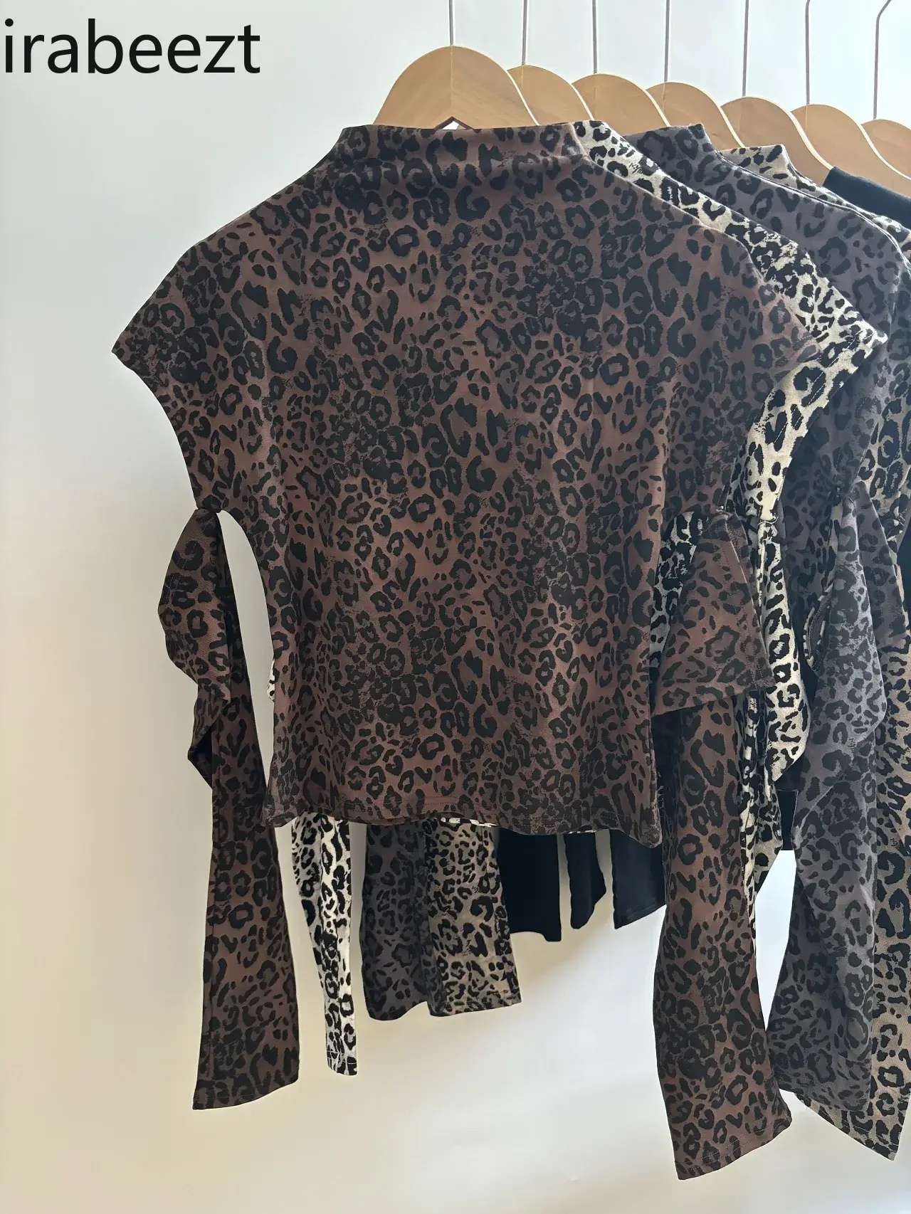 American Leopard Print Long Sleeve T-shirt Female Autumn/winter Y2k Hot Girls Sexy Short Sleeve Top Half High Neck Base Shirt