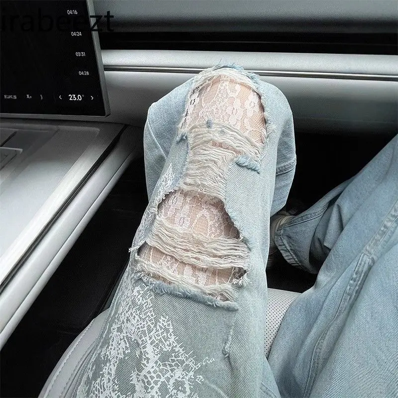 Ripped Lace Wide-leg Jeans for Women 2025 Spring and Summer New Style Fashionable and Stylish Design Loose Floor-length Pants