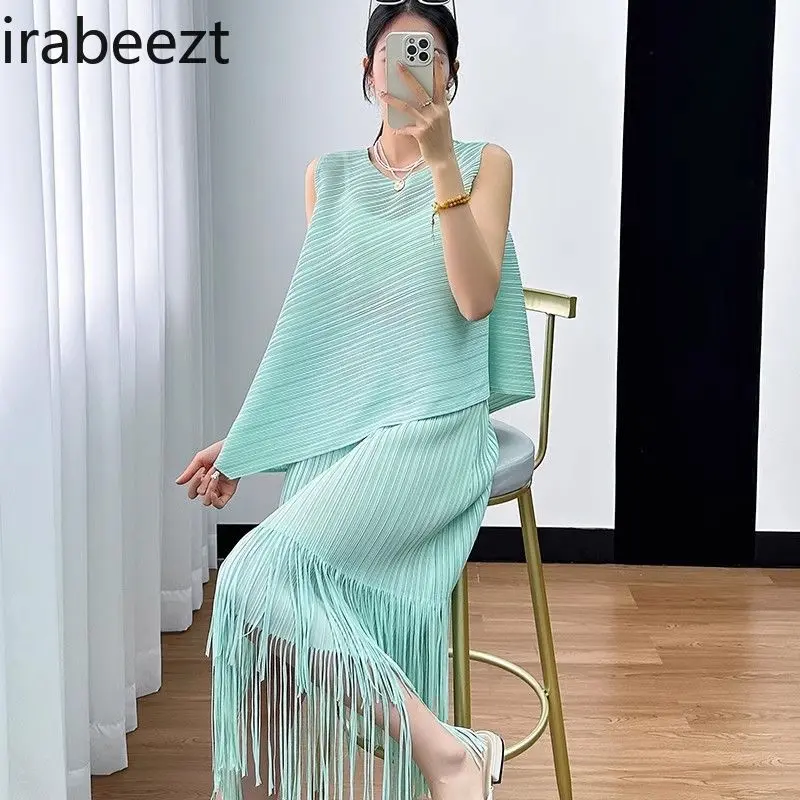 Summer Fashion Suit for Women Western Style Sweet Pullover Slanted Vest Top Tassel Skirt Terninhos Femininos Modernos