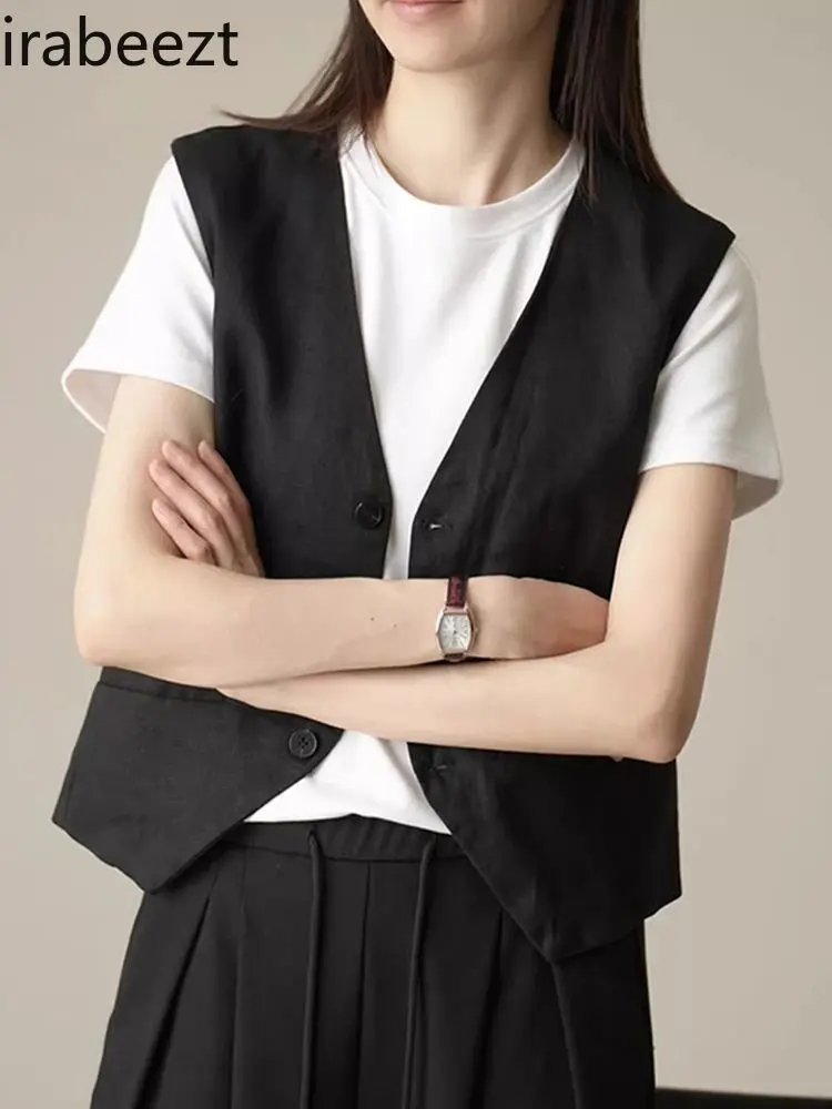 Retro Linen Vest Women Summer Sleeveless V-Neck Single Button Casual Layering Waistcoat Breathable Office Wear Beige/Black