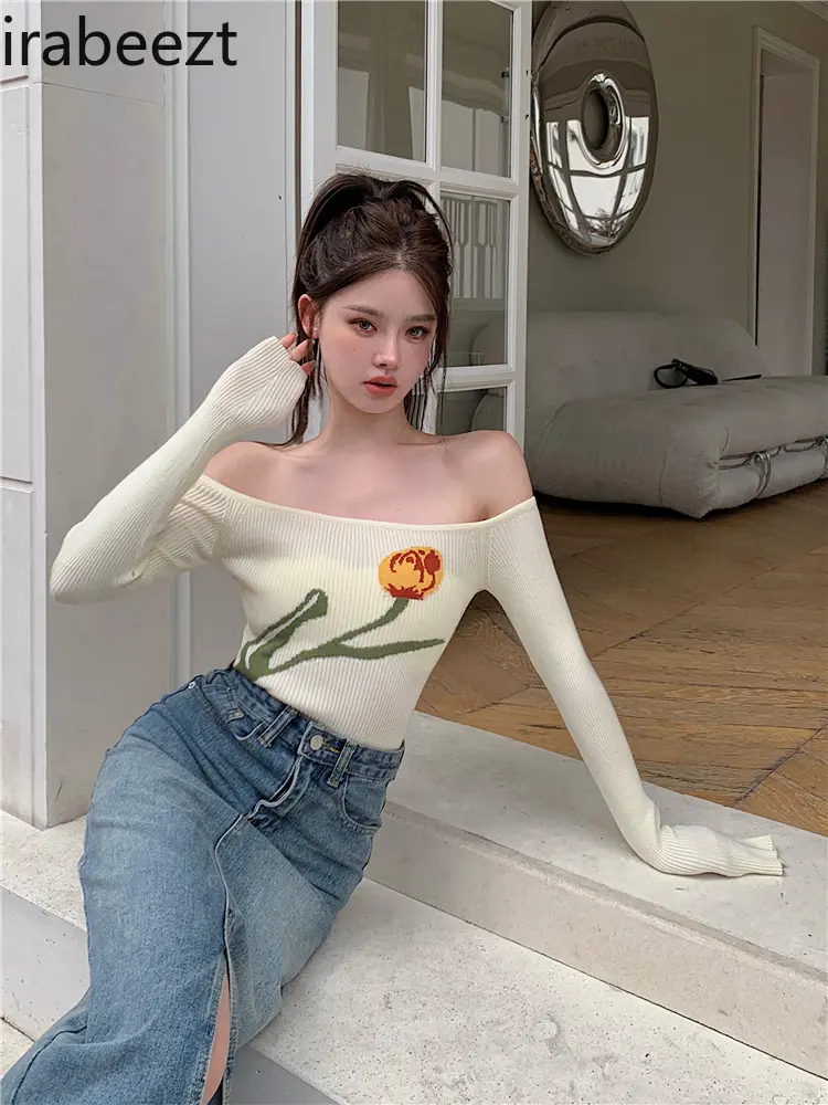 French Vintage Spice Girl One Shoulder Pure Knitwear Women's New Summer Base Slim-fit Short Top Vintage Clothes Women T Shirts