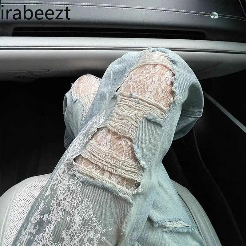 Ripped Lace Wide-leg Jeans for Women 2025 Spring and Summer New Style Fashionable and Stylish Design Loose Floor-length Pants