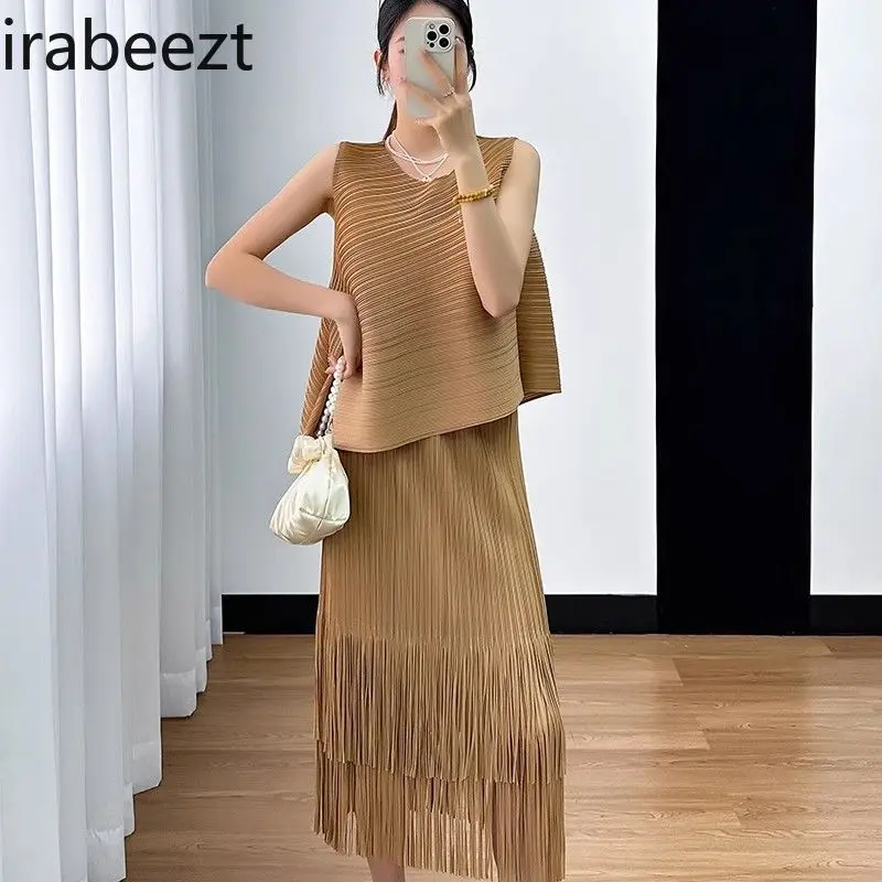 Summer Fashion Suit for Women Western Style Sweet Pullover Slanted Vest Top Tassel Skirt Terninhos Femininos Modernos