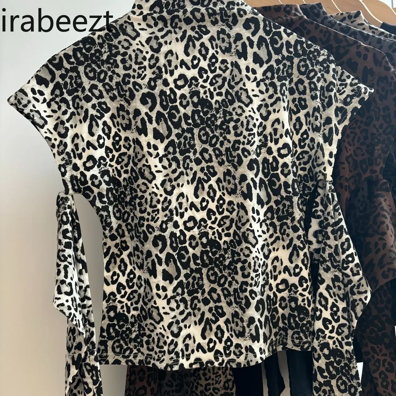 American Leopard Print Long Sleeve T-shirt Female Autumn/winter Y2k Hot Girls Sexy Short Sleeve Top Half High Neck Base Shirt