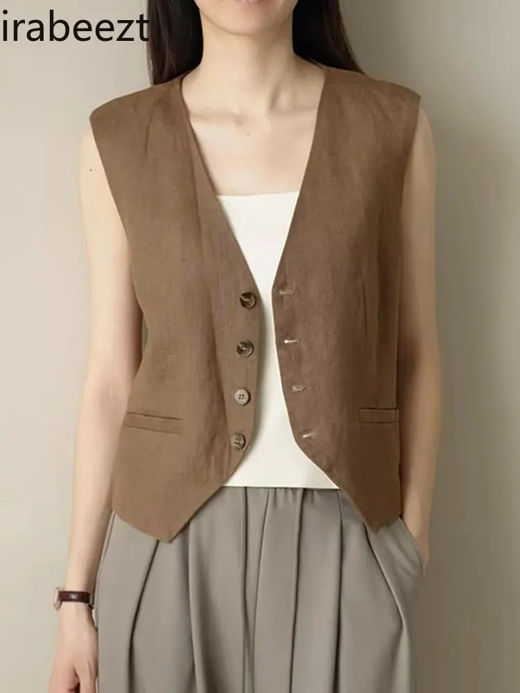 Retro Linen Vest Women Summer Sleeveless V-Neck Single Button Casual Layering Waistcoat Breathable Office Wear Beige/Black