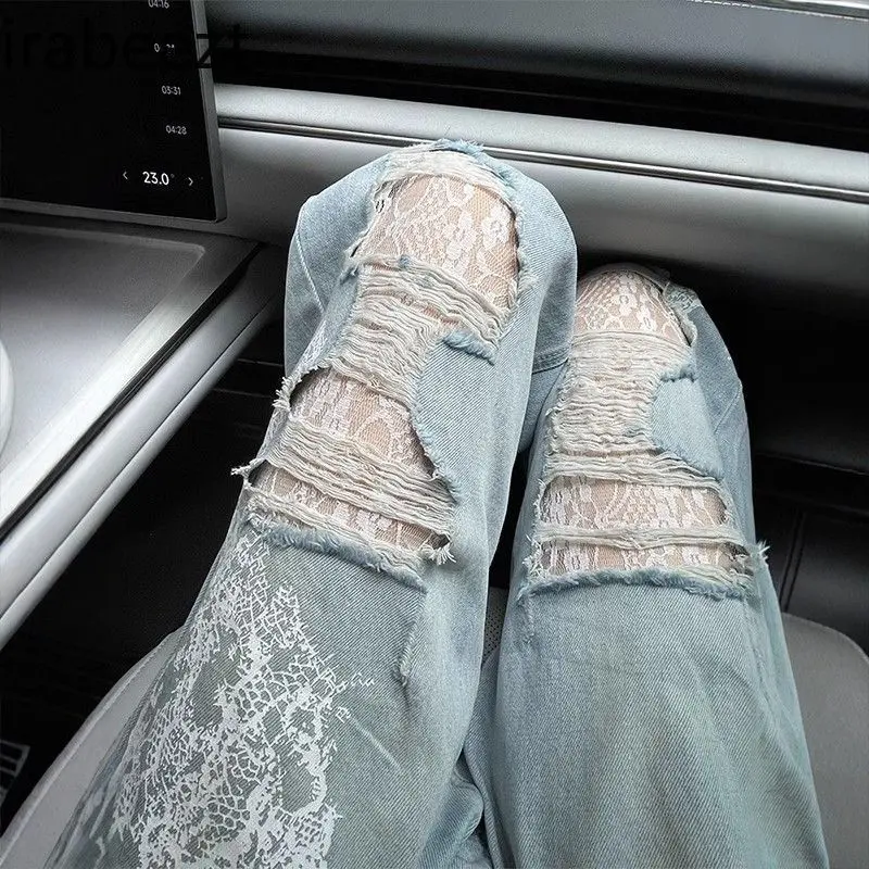 Ripped Lace Wide-leg Jeans for Women 2025 Spring and Summer New Style Fashionable and Stylish Design Loose Floor-length Pants