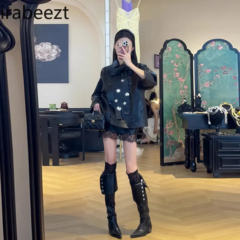 2024 Autumn/Winter New Temperament Locomotive Retro Bow Design Leather Coat Fashion Leather Casual Wear Women Jacket
