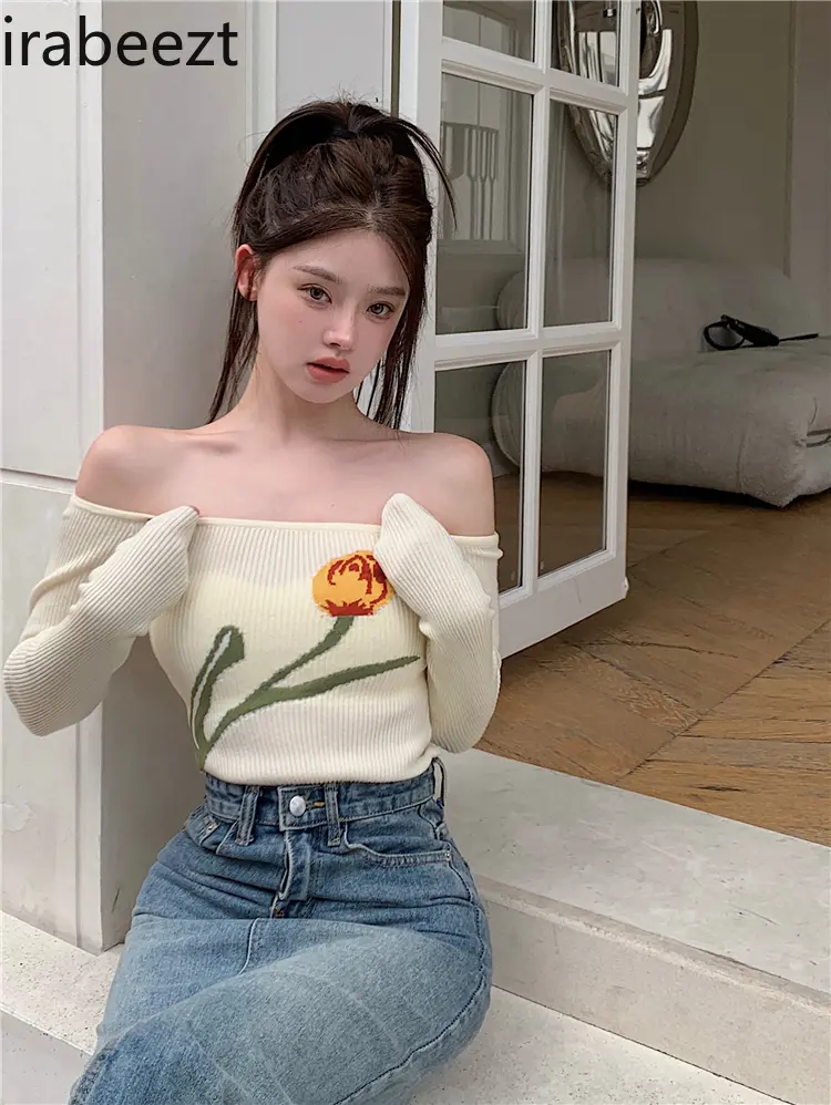 French Vintage Spice Girl One Shoulder Pure Knitwear Women's New Summer Base Slim-fit Short Top Vintage Clothes Women T Shirts