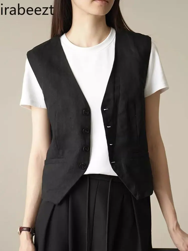 Retro Linen Vest Women Summer Sleeveless V-Neck Single Button Casual Layering Waistcoat Breathable Office Wear Beige/Black