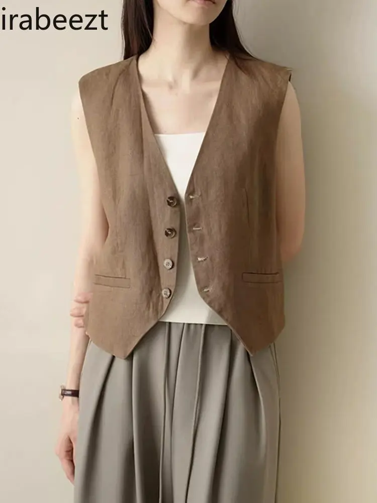 Retro Linen Vest Women Summer Sleeveless V-Neck Single Button Casual Layering Waistcoat Breathable Office Wear Beige/Black