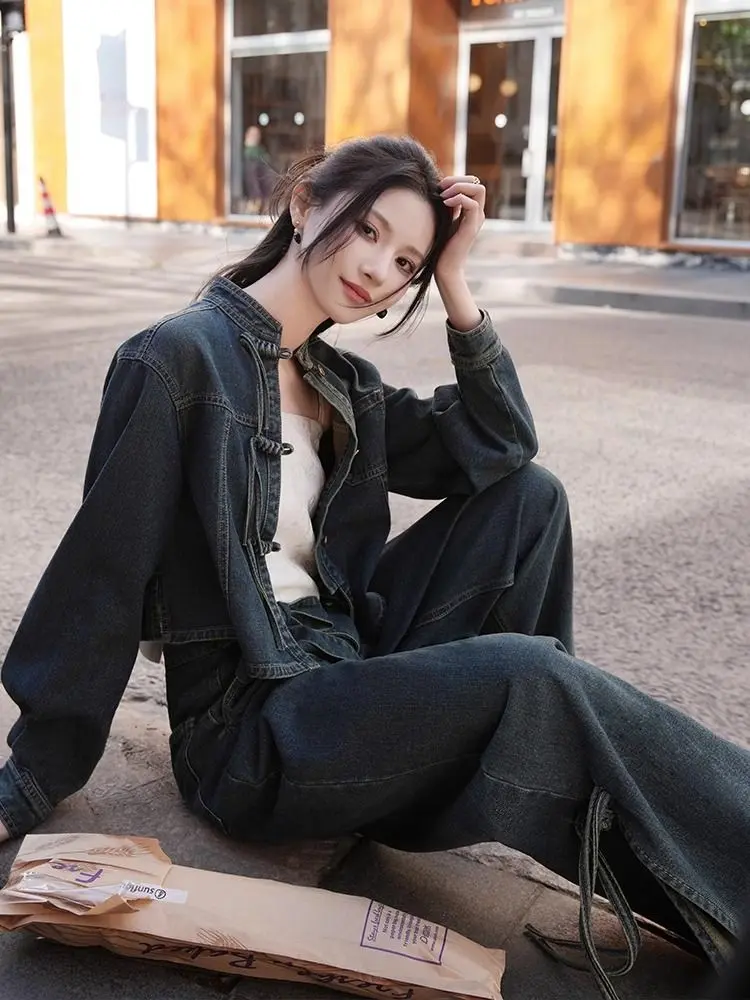 New Chinese Retro Denim Suit Women Spring and Autumn New National Tide Long-sleeved Cardigan Coat Wide-leg Pants Two-piece Set