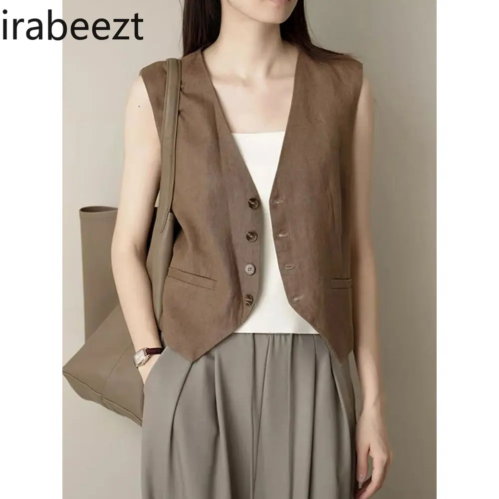 Retro Linen Vest Women Summer Sleeveless V-Neck Single Button Casual Layering Waistcoat Breathable Office Wear Beige/Black