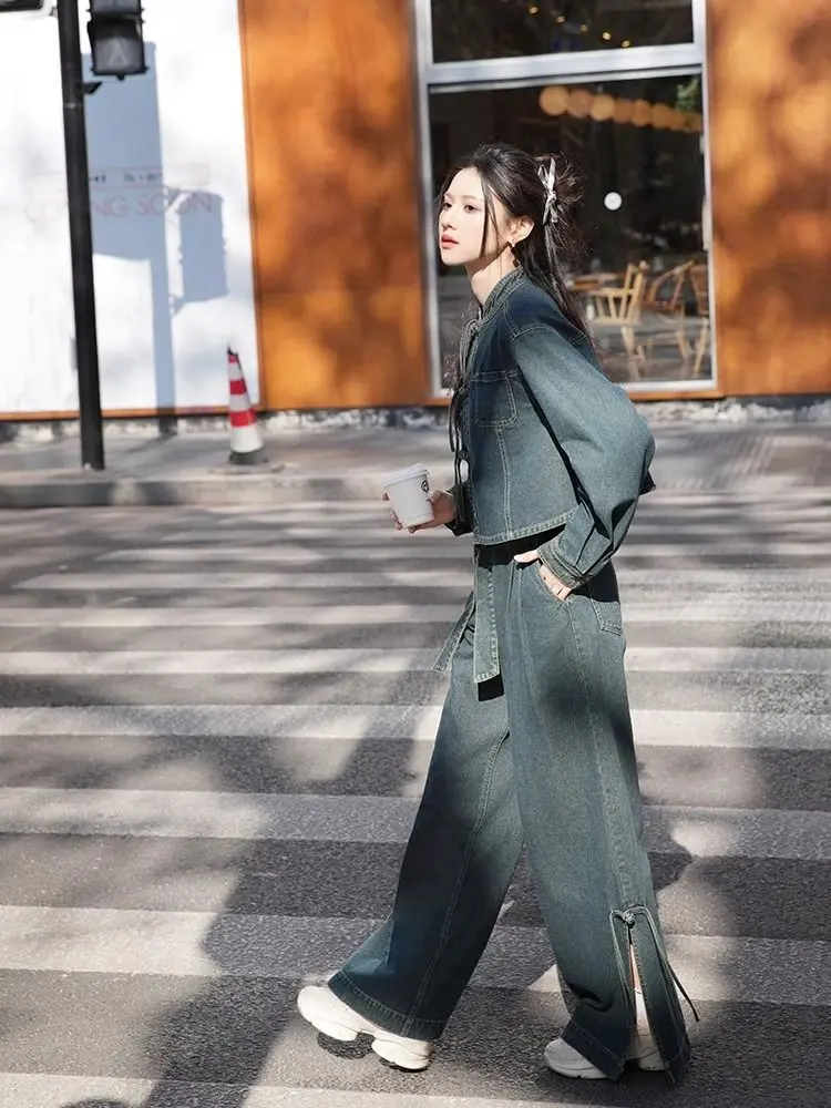 New Chinese Retro Denim Suit Women Spring and Autumn New National Tide Long-sleeved Cardigan Coat Wide-leg Pants Two-piece Set