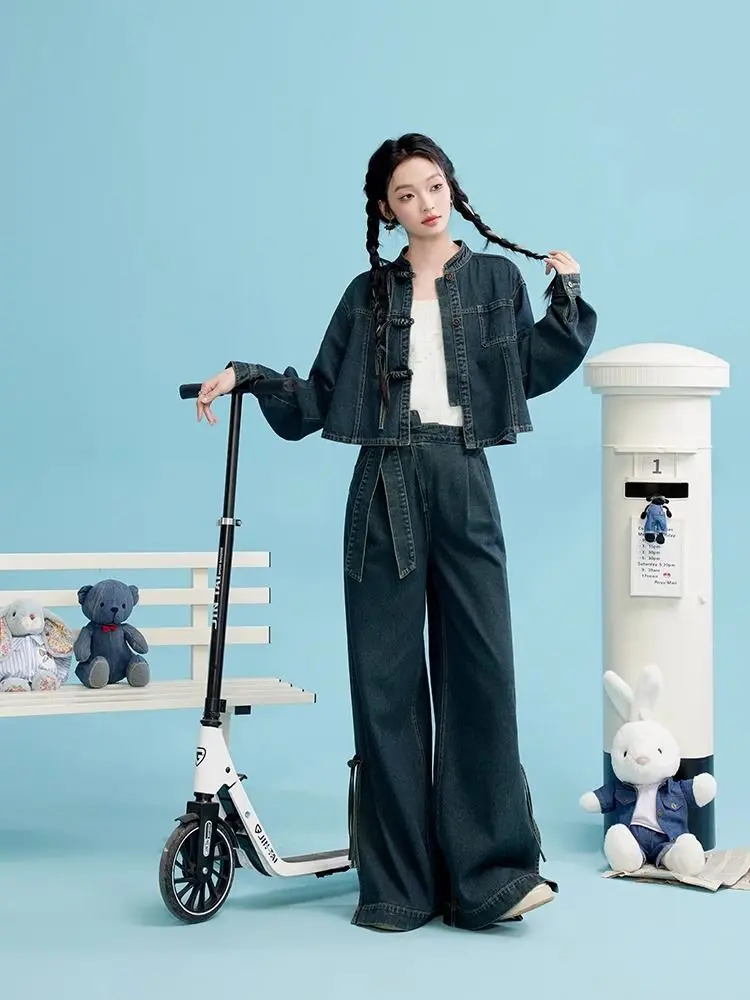 New Chinese Retro Denim Suit Women Spring and Autumn New National Tide Long-sleeved Cardigan Coat Wide-leg Pants Two-piece Set