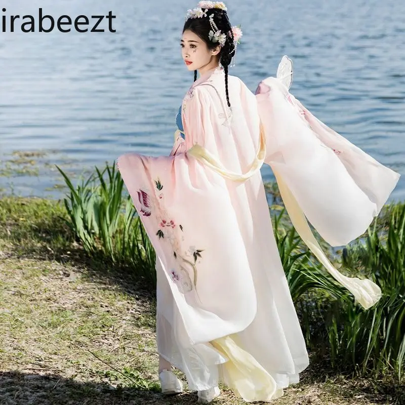 Chinese Hanfu Dress Set - Tang Style Embroidery Wide Sleeve Top & Skirt Women's Summer Outfit Ancient Chinese Costume