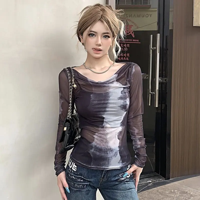 Irabeezt Irregular Tshirt Printed Lace Mesh Long Sleeve T-shirt Hot Girls Slim Fit Sheer T Shirts Female Korean Fashion Tops