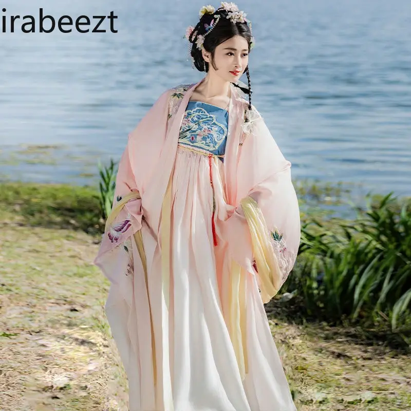 Chinese Hanfu Dress Set - Tang Style Embroidery Wide Sleeve Top & Skirt Women's Summer Outfit Ancient Chinese Costume