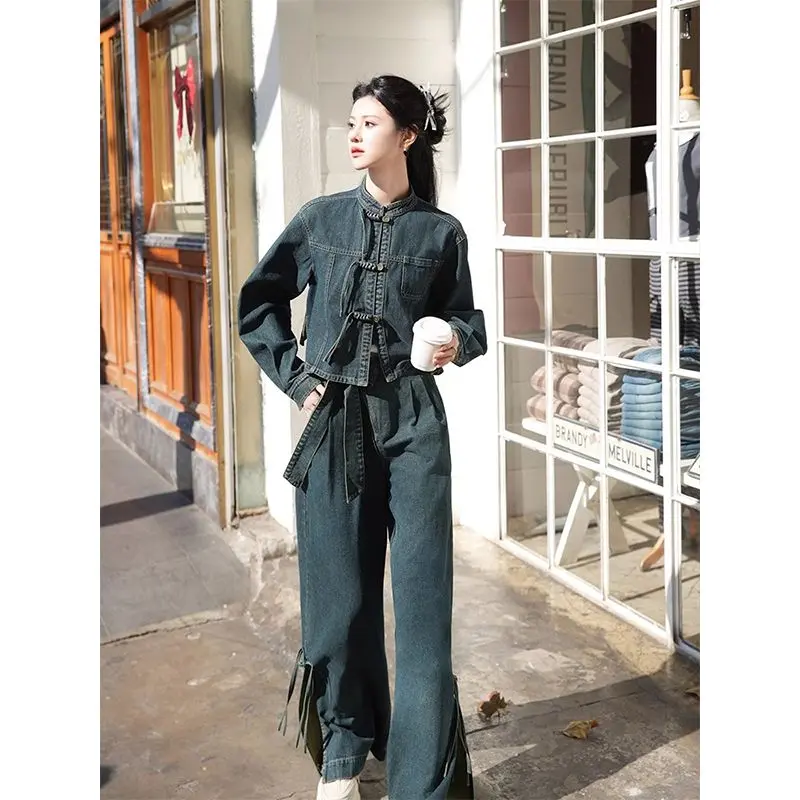 New Chinese Retro Denim Suit Women Spring and Autumn New National Tide Long-sleeved Cardigan Coat Wide-leg Pants Two-piece Set