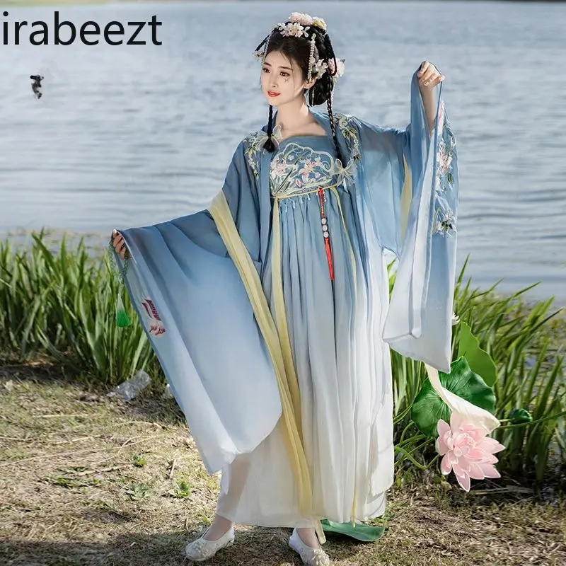 Chinese Hanfu Dress Set - Tang Style Embroidery Wide Sleeve Top & Skirt Women's Summer Outfit Ancient Chinese Costume
