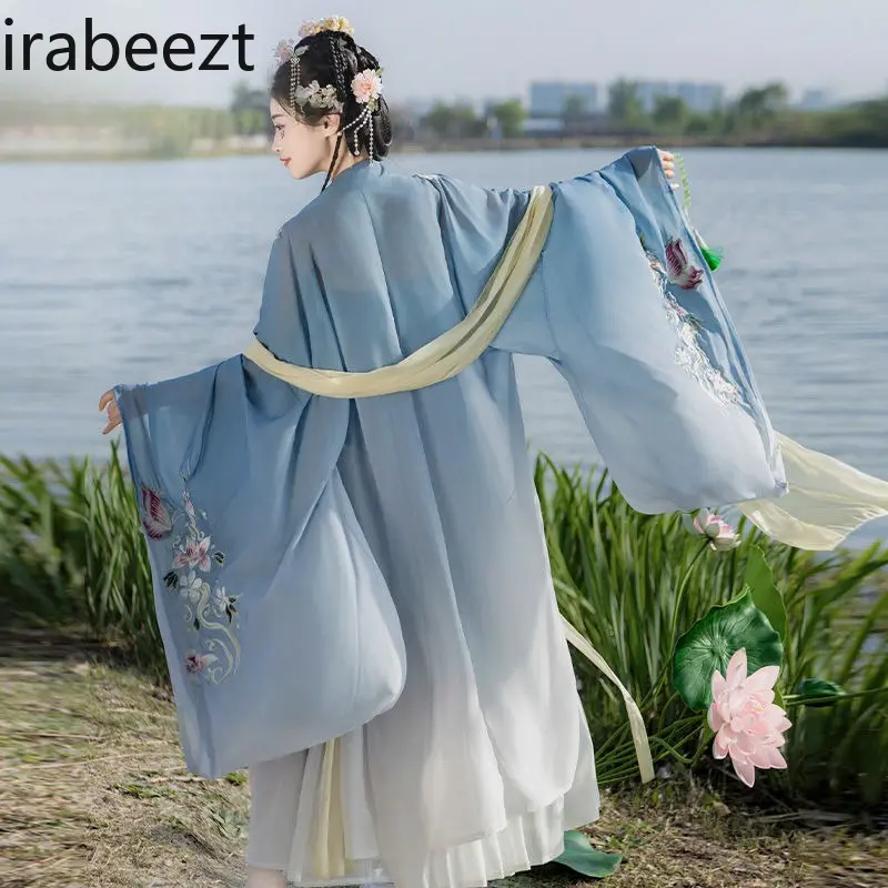 Chinese Hanfu Dress Set - Tang Style Embroidery Wide Sleeve Top & Skirt Women's Summer Outfit Ancient Chinese Costume