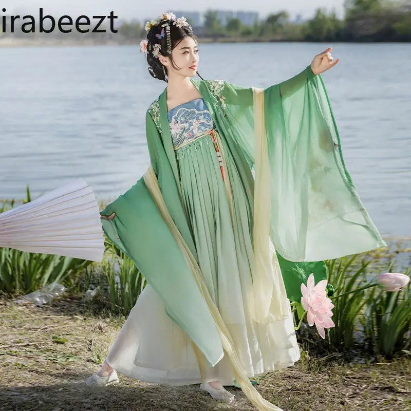 Chinese Hanfu Dress Set - Tang Style Embroidery Wide Sleeve Top & Skirt Women's Summer Outfit Ancient Chinese Costume